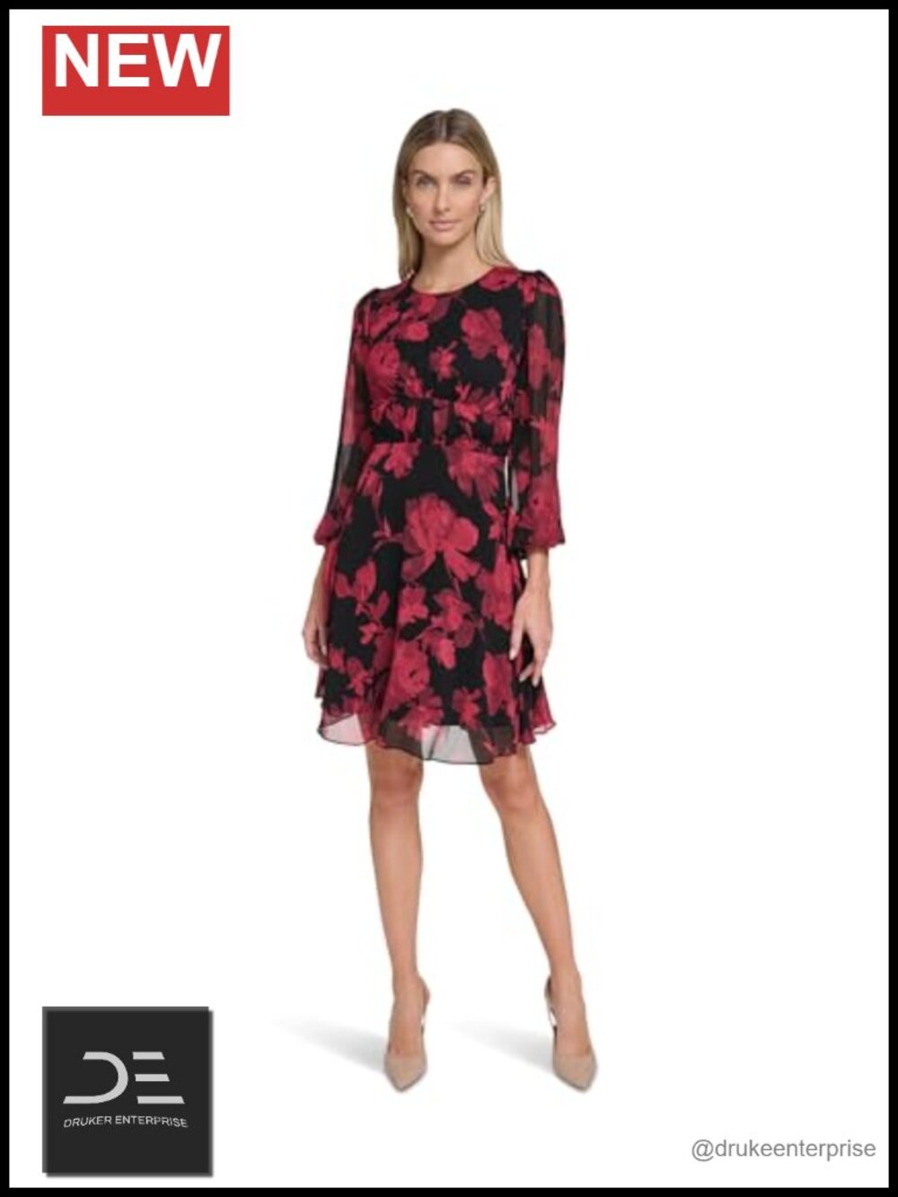 Calvin Klein Floral Chiffon A-Line Long Sleeve Knee-Length Dress